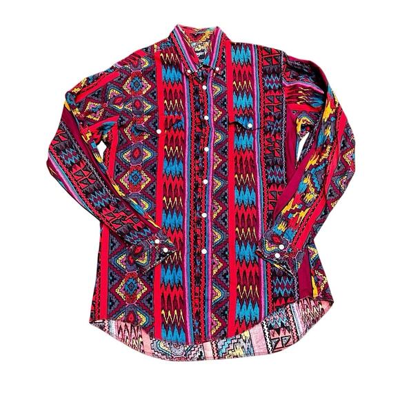 VTG Wrangler 15.5 34 Western Shirt Aztec Cowboy Cut X Long Tails Rodeo Southwest - Picture 1 of 7